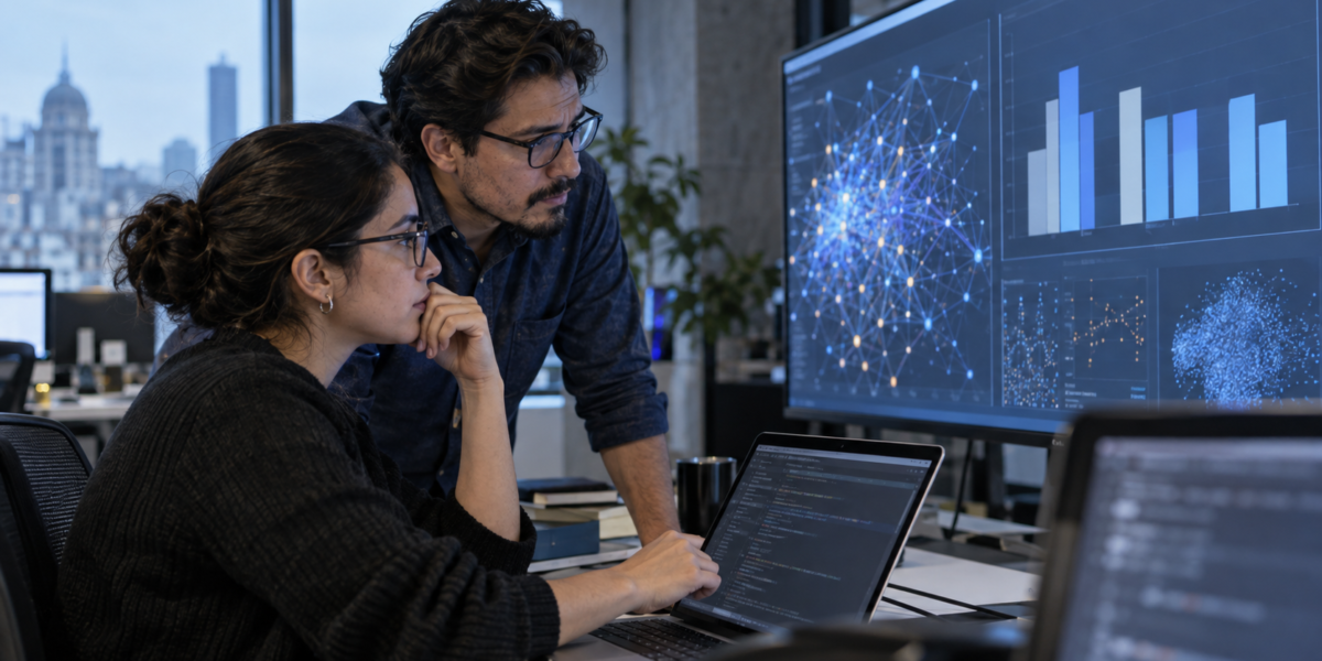 Equipo editorial analiza en una pantalla gráficos y código relacionados con modelos de inteligencia artificial.