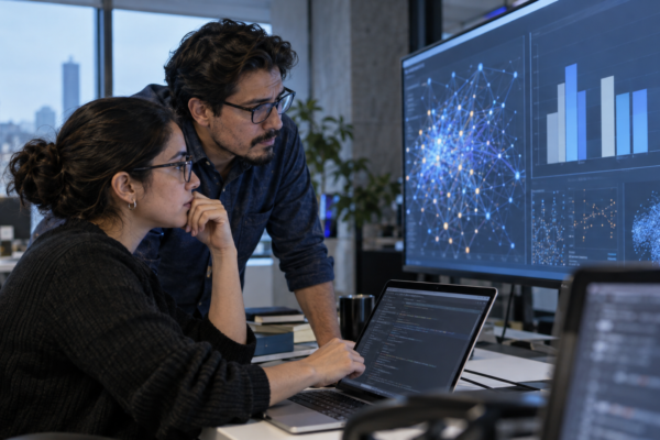 Equipo editorial analiza en una pantalla gráficos y código relacionados con modelos de inteligencia artificial.