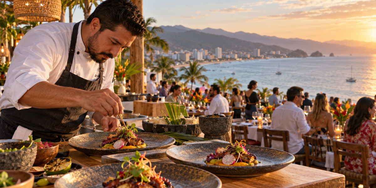 Chef presenta un platillo mexicano en un evento gastronómico junto a la costa de Puerto Vallarta