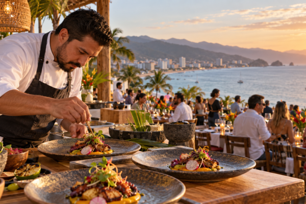 Chef presenta un platillo mexicano en un evento gastronómico junto a la costa de Puerto Vallarta